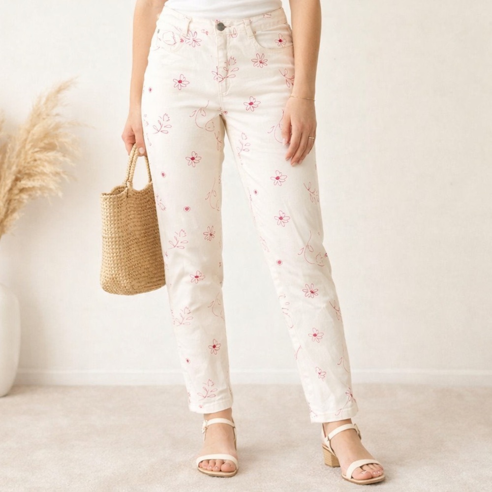 BLU-KEY‎ Floral Print Jeans White Red Flower Straight Leg Cottagecore XL EU 44